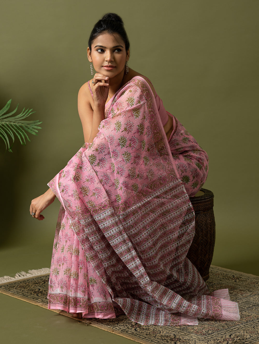 Light & Breezy. Sanganeri Hand Block Printed Kota Doria - Pink Flora