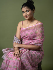 Light & Breezy. Sanganeri Hand Block Printed Kota Doria - Pink Flora