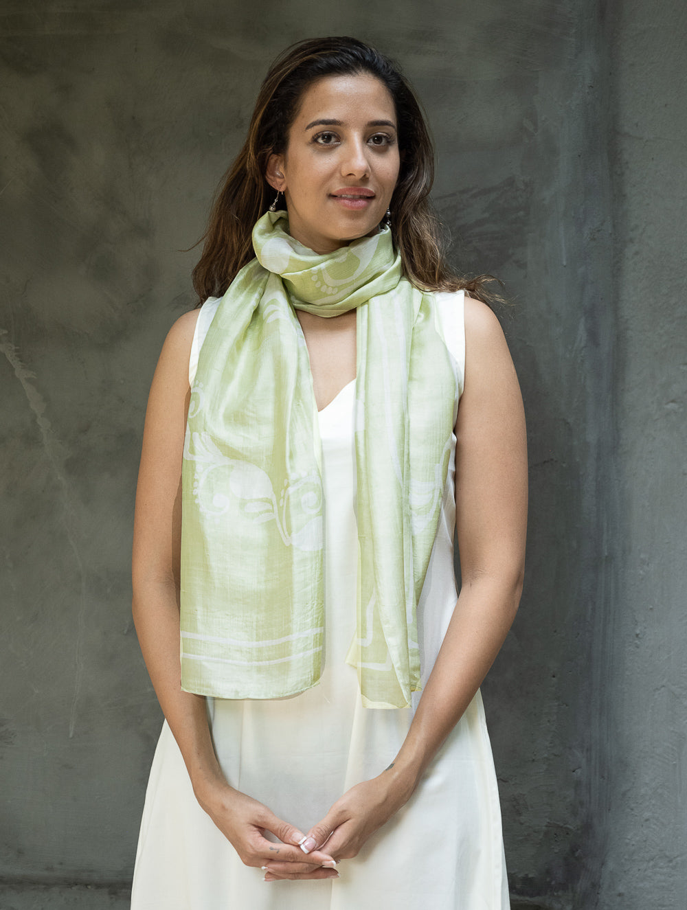Light & Elegant Silk Batik Stole - Lime Green Vines