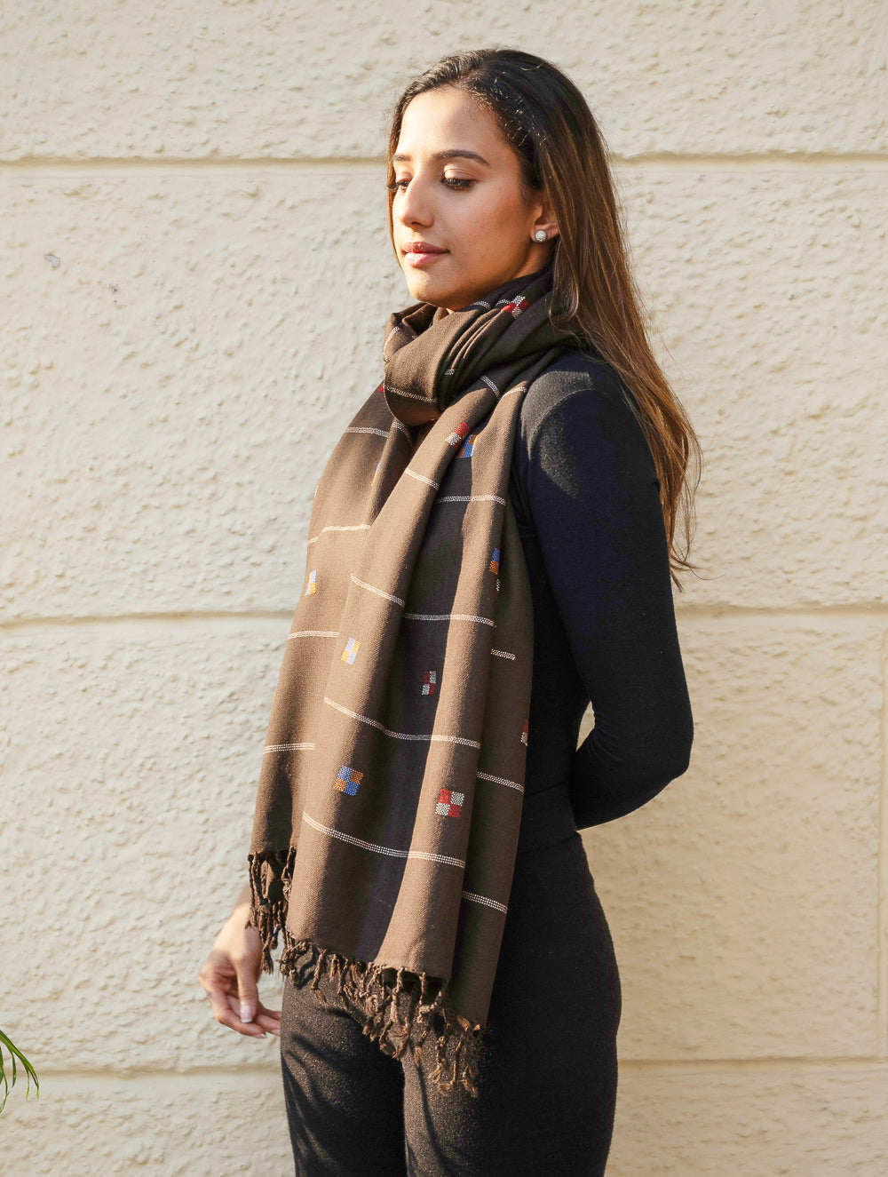 Light & Warm Merino Wool Kinnauri Stole - Coffee Meadow