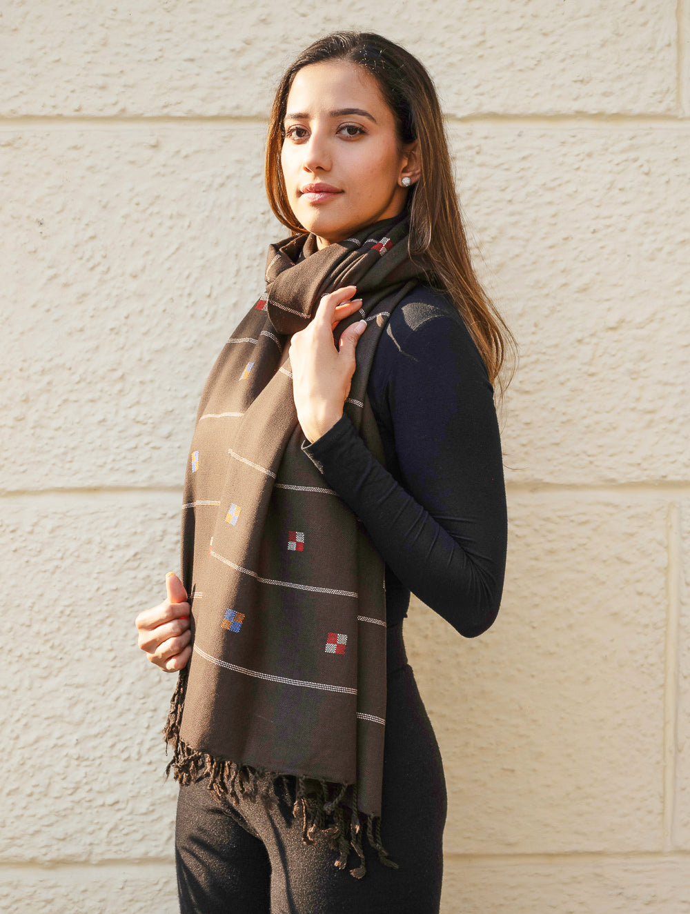 Light & Warm Merino Wool Kinnauri Stole - Coffee Meadow