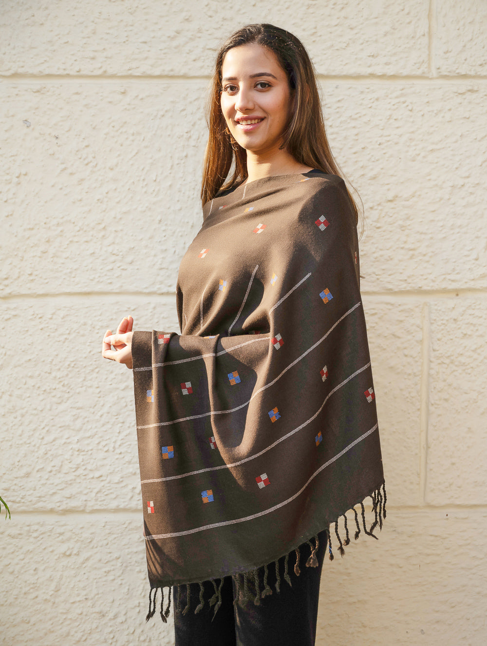 Light & Warm Merino Wool Kinnauri Stole - Coffee Meadow