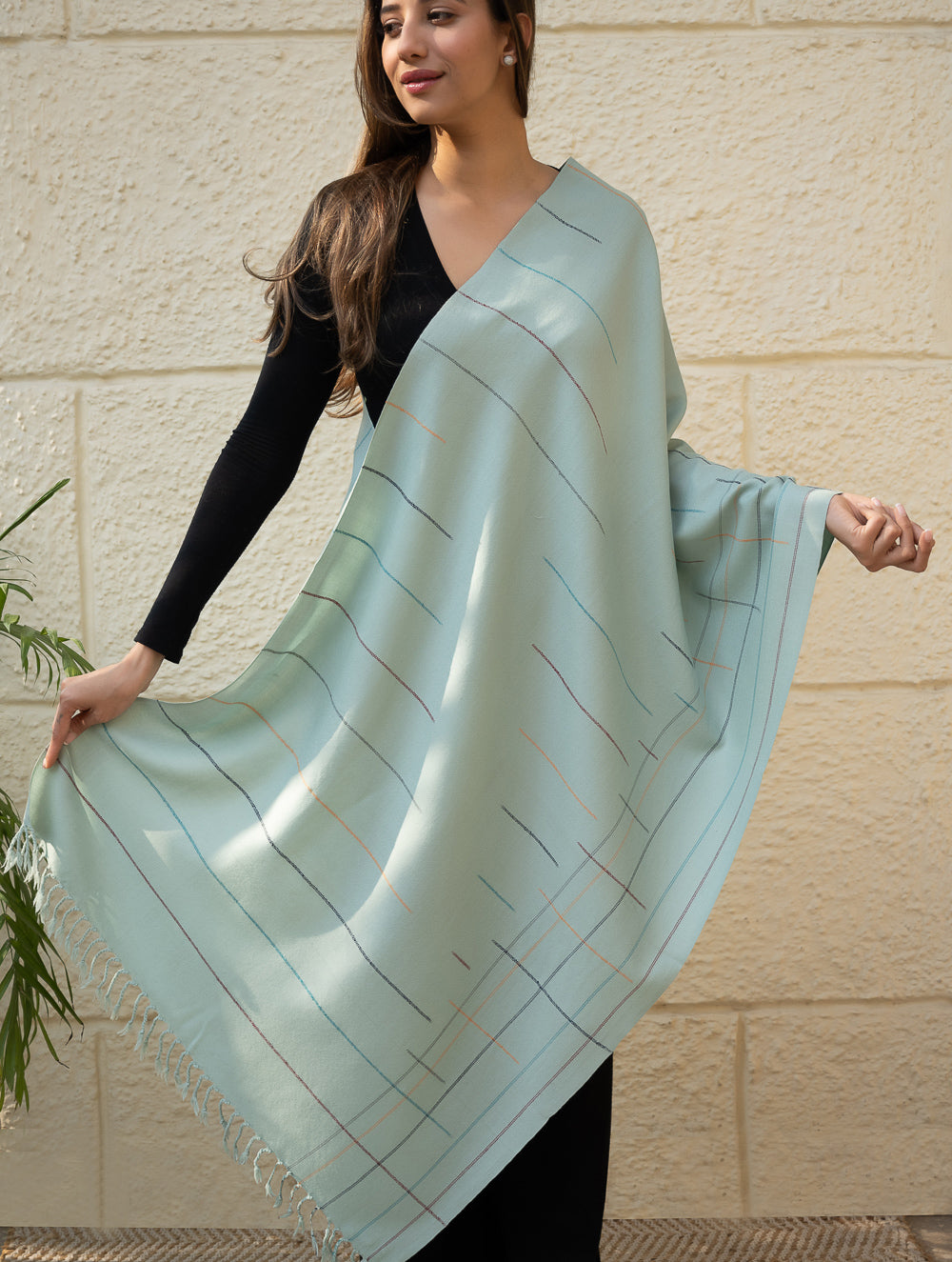 Light & Warm Merino Wool Kinnauri Stole - Cool Mist Link