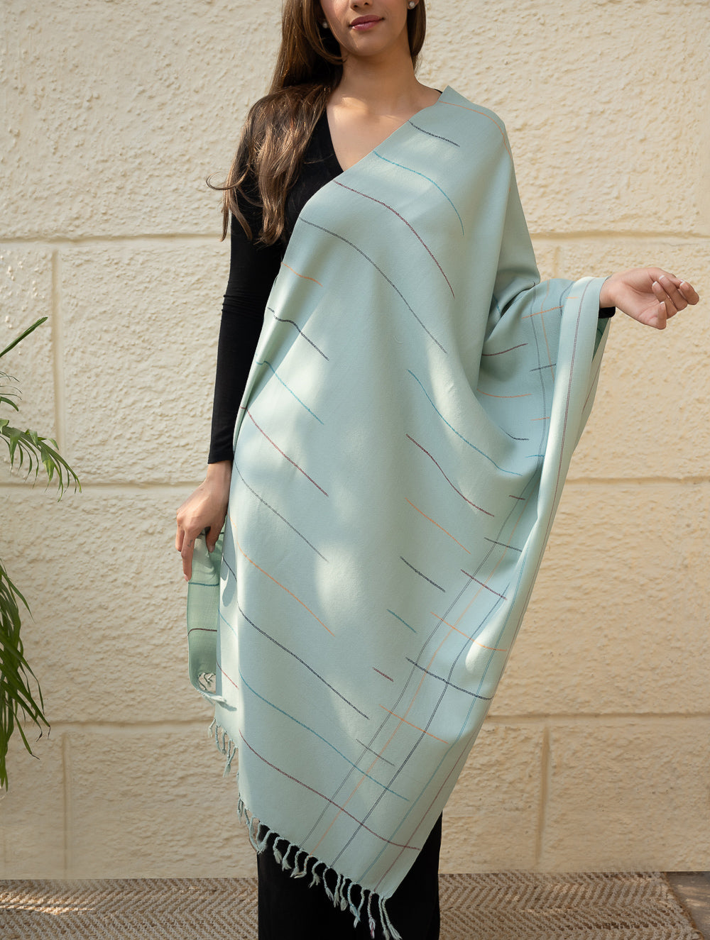 Light & Warm Merino Wool Kinnauri Stole - Cool Mist Link