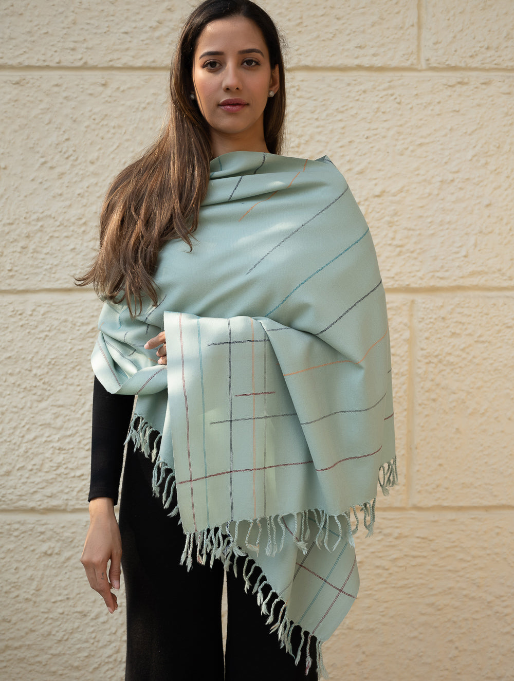 Light & Warm Merino Wool Kinnauri Stole - Cool Mist Link