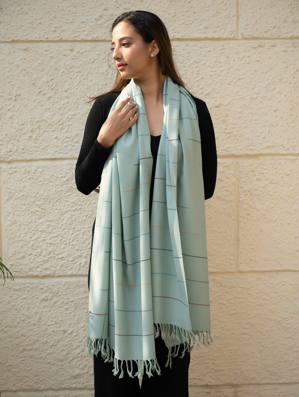 Light & Warm Merino Wool Kinnauri Stole - Cool Mist Link