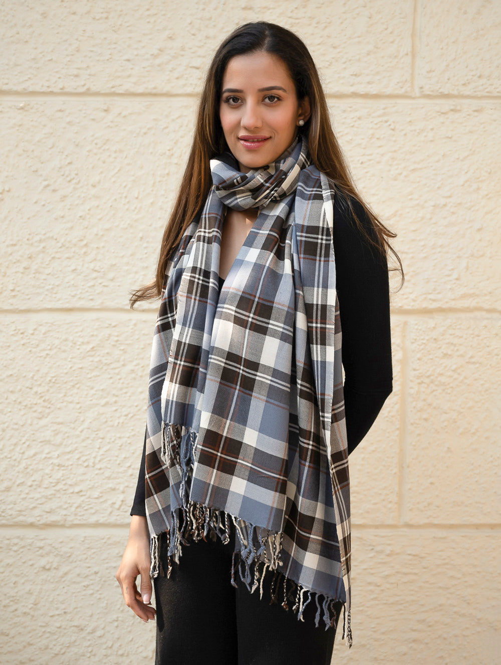 Light & Warm Merino Wool Kinnauri Stole - Frozen Grid