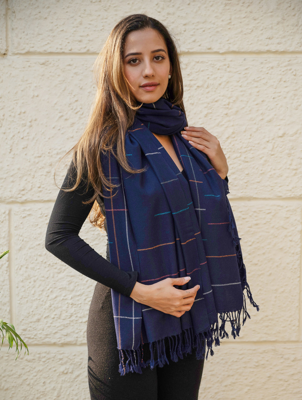 Light & Warm Merino Wool Kinnauri Stole - Midnight Link