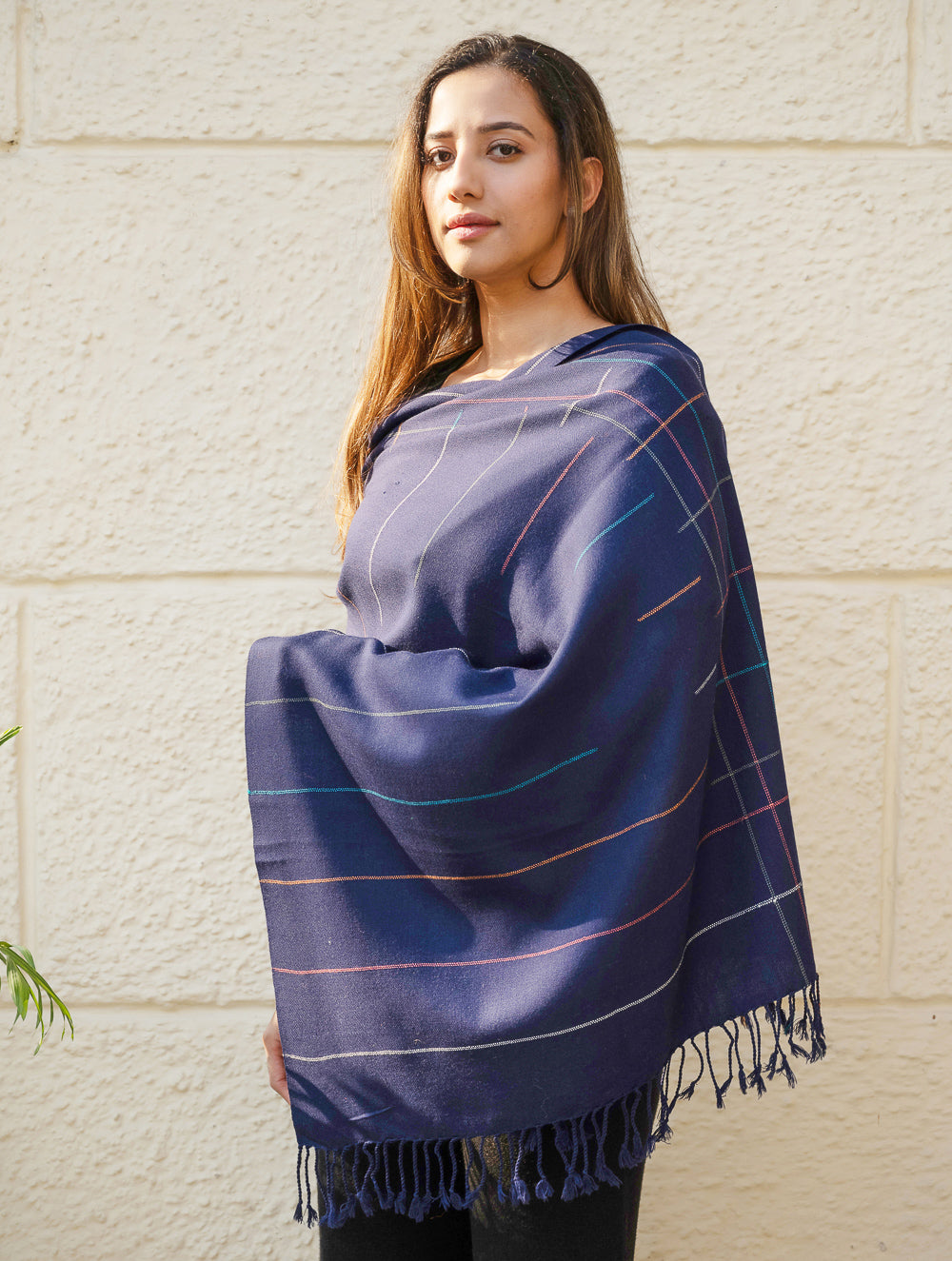 Light & Warm Merino Wool Kinnauri Stole - Midnight Link