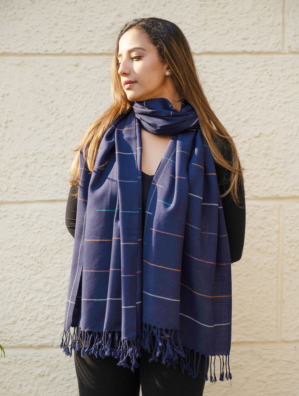 Light & Warm Merino Wool Kinnauri Stole - Midnight Link