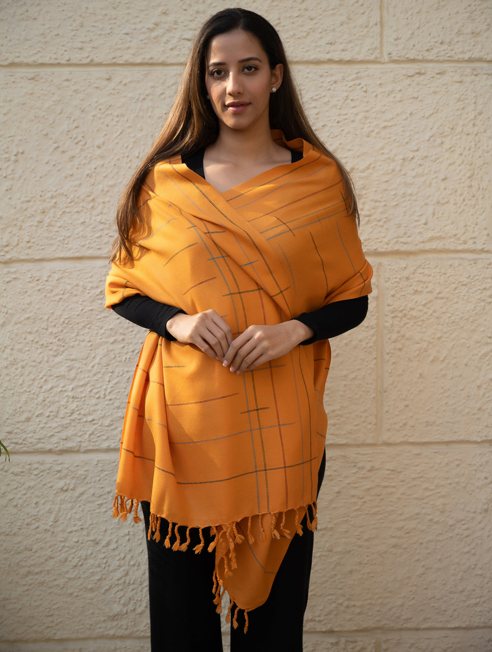 Light & Warm Merino Wool Kinnauri Stole - Tangerine Link