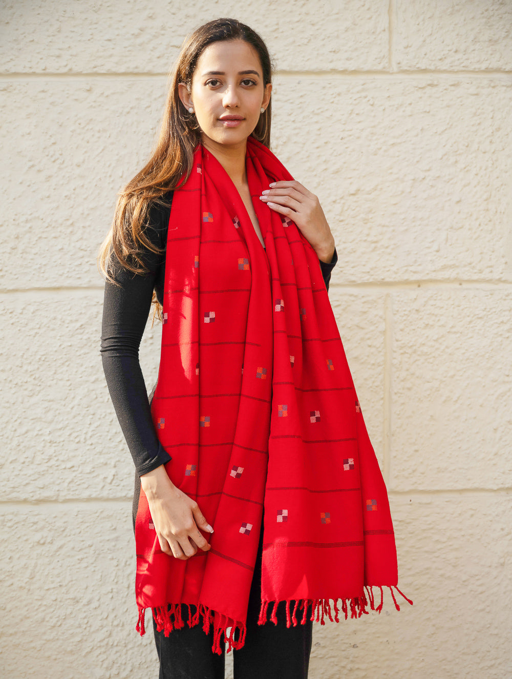 Light & Warm Merino Wool Kinnauri Stole - Tangerine Meadow