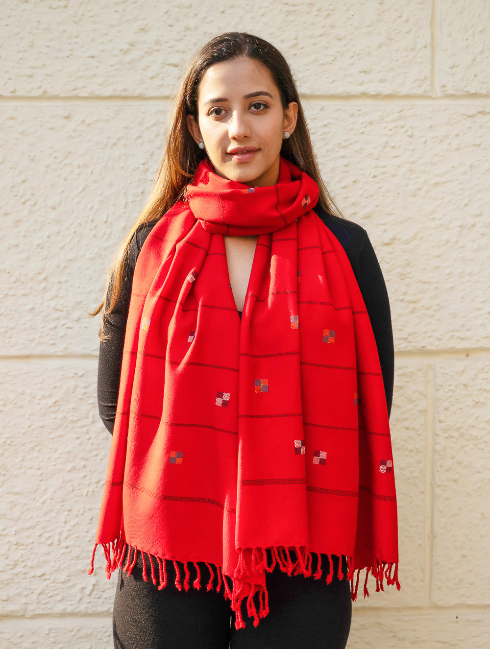 Light & Warm Merino Wool Kinnauri Stole - Tangerine Meadow