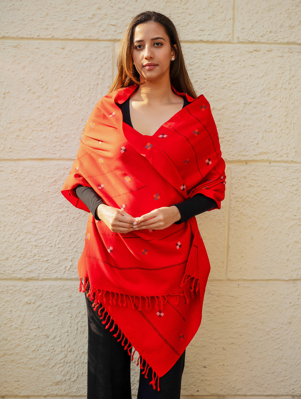 Light & Warm Merino Wool Kinnauri Stole - Tangerine Meadow