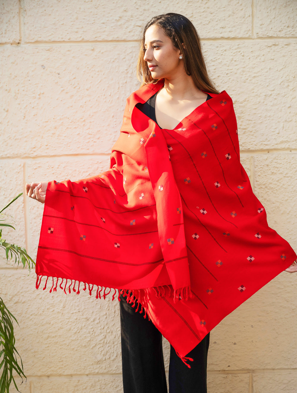 Light & Warm Merino Wool Kinnauri Stole - Tangerine Meadow