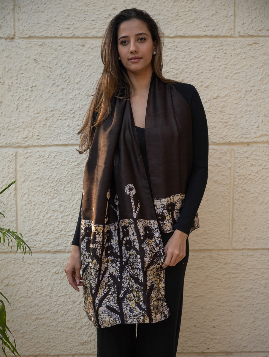 Buy Light & Elegant Silk Batik Stole - Brown Abstract Online