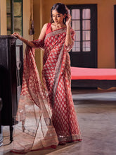 Bagru Statements: Hand Block Printed Kota Doria Saree - Red Canvas