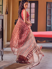Bagru Statements: Hand Block Printed Kota Doria Saree - Red Canvas