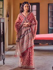 Bagru Statements: Hand Block Printed Kota Doria Saree - Red Canvas