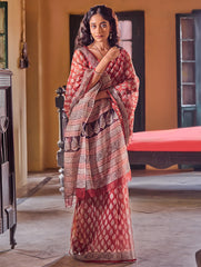Bagru Statements: Hand Block Printed Kota Doria Saree - Red Canvas