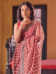 Bagru Statements: Hand Block Printed Kota Doria Saree - Red Canvas