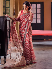 Bagru Statements: Hand Block Printed Kota Doria Saree - Red Canvas