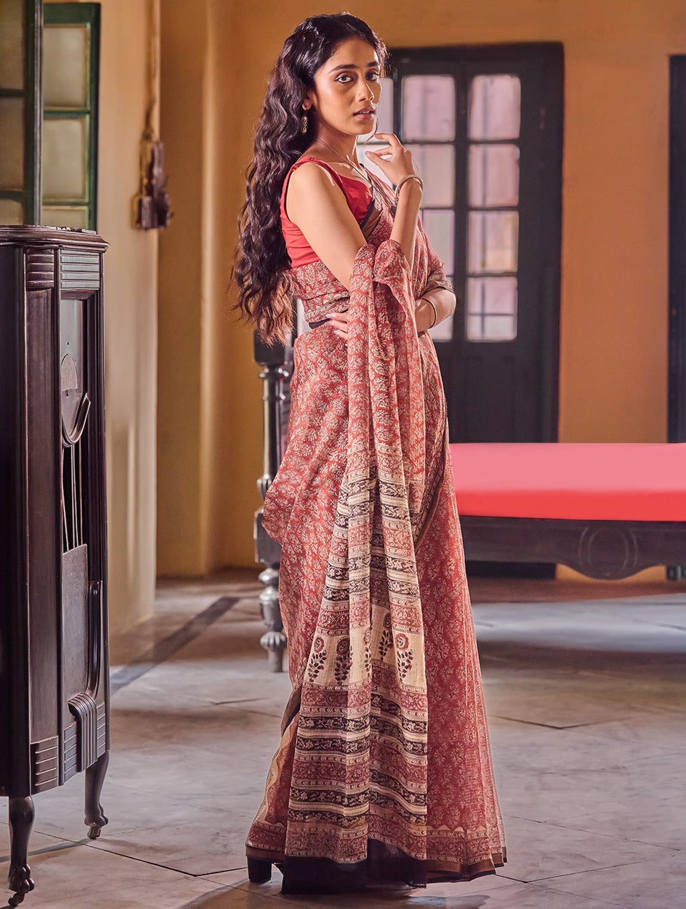 Bagru Statements: Hand Block Printed Kota Doria Saree - Floral Buta