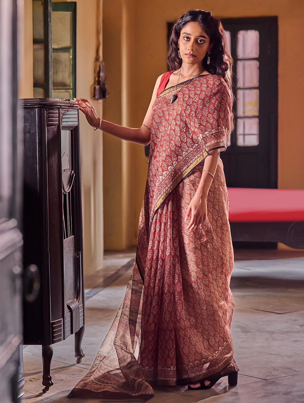 Bagru Statements: Hand Block Printed Kota Doria Saree - Floral Buta