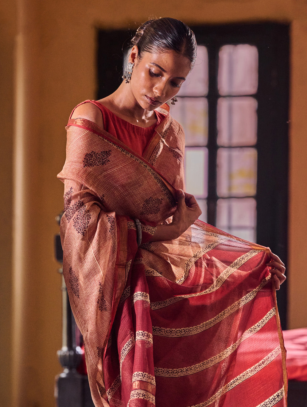 Bagru Statements : Hand Block Printed Silk Kota Doria Saree - Kesariya