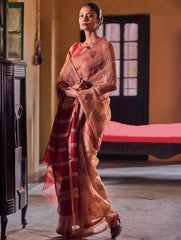 Bagru Statements : Hand Block Printed Silk Kota Doria Saree - Kesariya