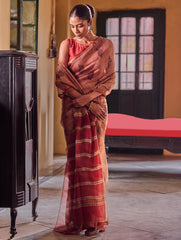 Bagru Statements : Hand Block Printed Silk Kota Doria Saree - Kesariya
