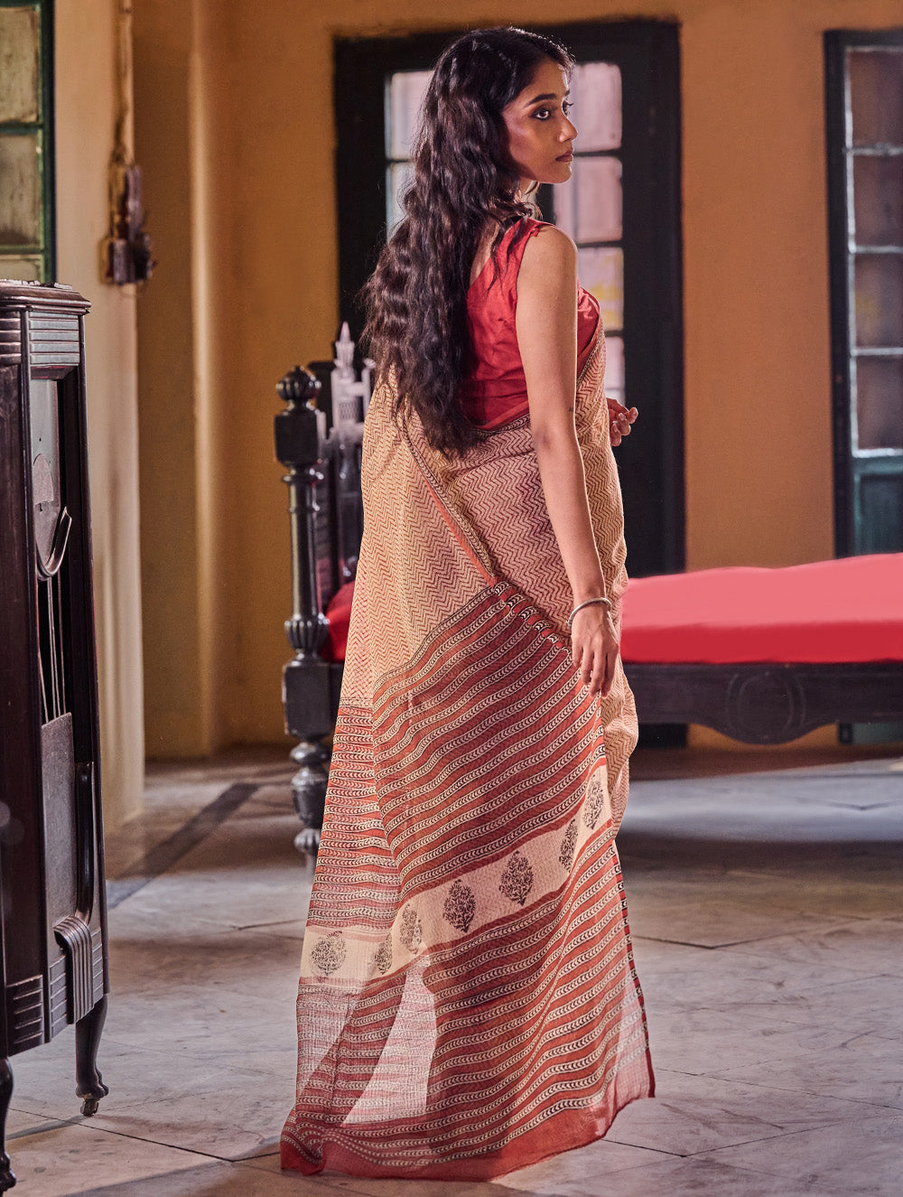Bagru Statements: Hand Block Printed Kota Doria Saree - Desert Chevron