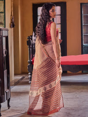 Bagru Statements: Hand Block Printed Kota Doria Saree - Desert Chevron