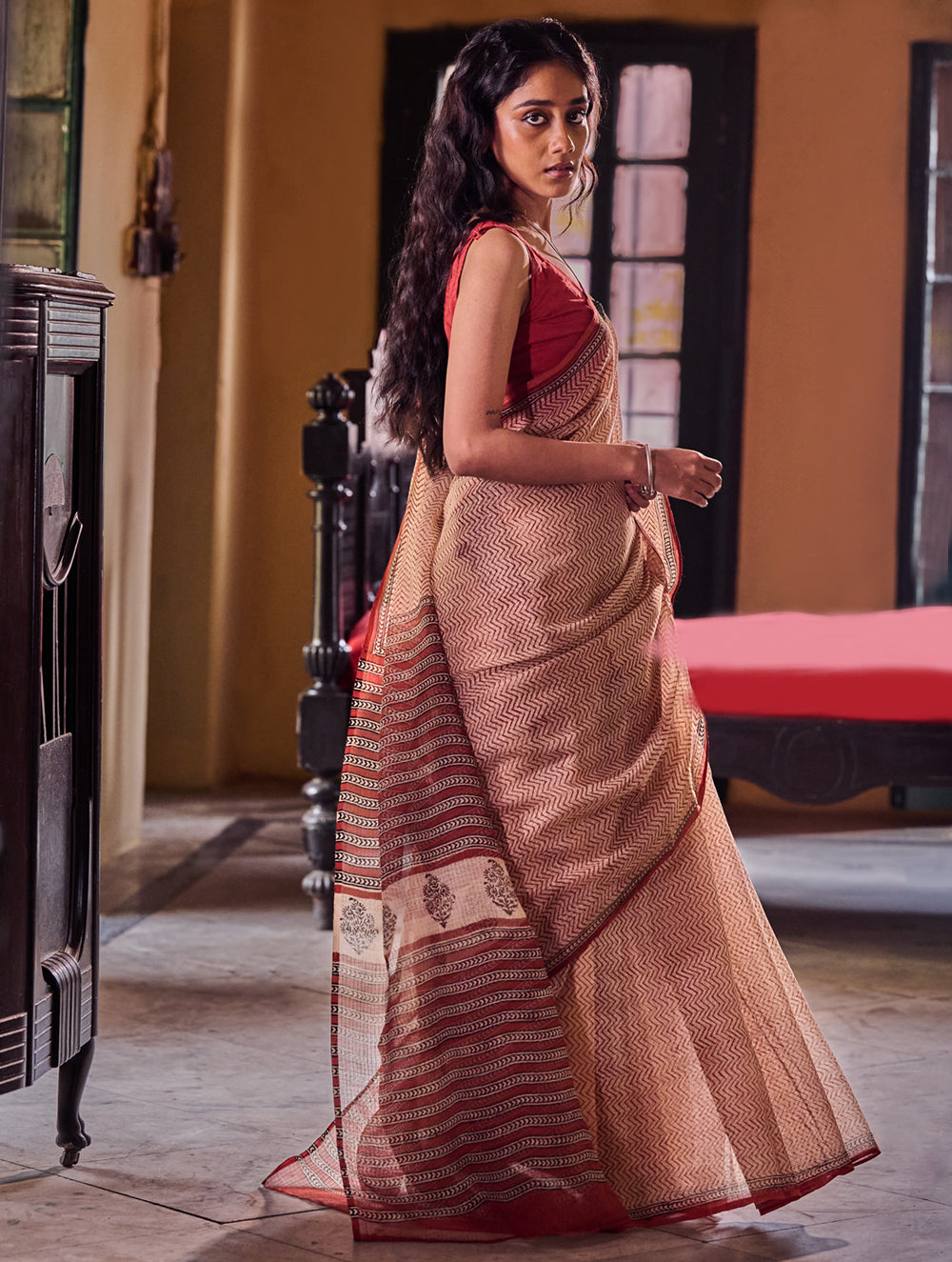 Bagru Statements: Hand Block Printed Kota Doria Saree - Desert Chevron