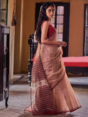 Bagru Statements: Hand Block Printed Kota Doria Saree - Desert Chevron