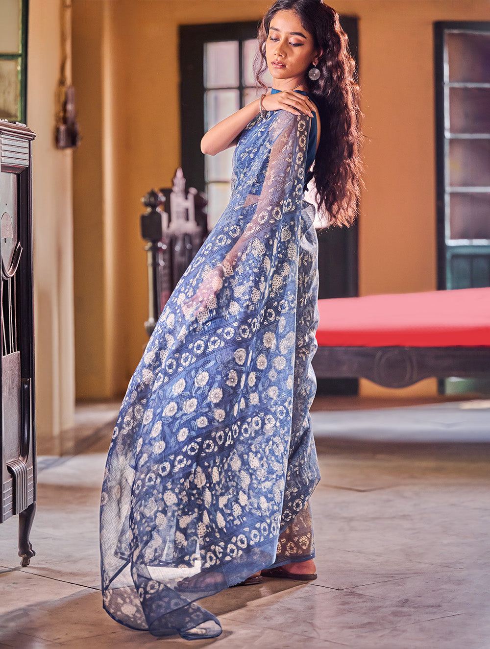 Bagru Statements: Hand Block Printed Kota Doria Saree - Indigo Garden