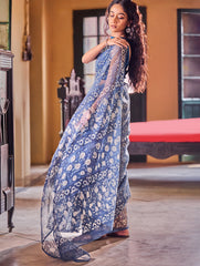 Bagru Statements: Hand Block Printed Kota Doria Saree - Indigo Garden