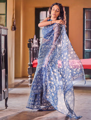 Bagru Statements: Hand Block Printed Kota Doria Saree - Indigo Garden