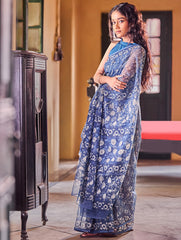 Bagru Statements: Hand Block Printed Kota Doria Saree - Indigo Garden