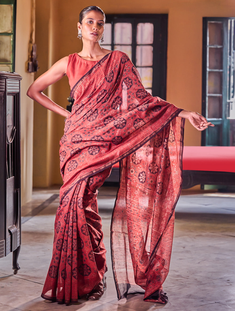 Ajrakh Elegance.Exclusive Hand Block Printed Chanderi Saree - Surkh Sitara