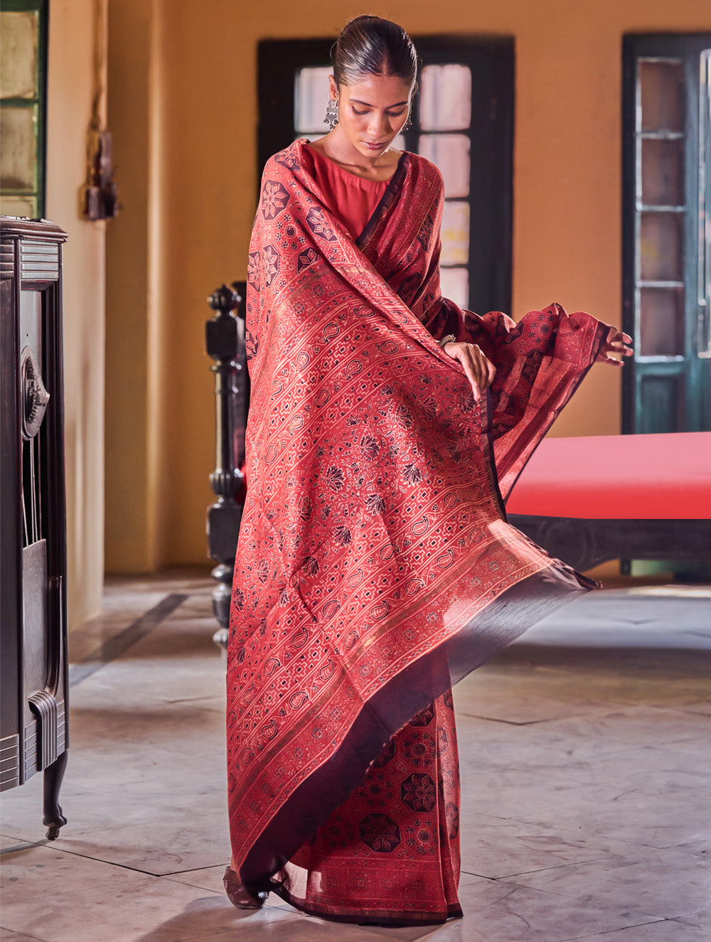 Ajrakh Elegance.Exclusive Hand Block Printed Chanderi Saree - Surkh Sitara