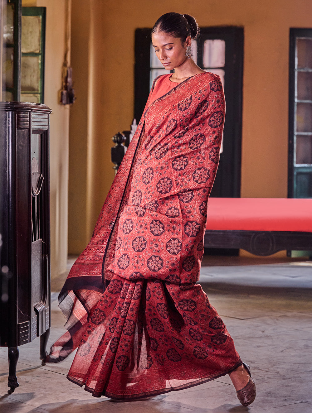 Ajrakh Elegance.Exclusive Hand Block Printed Chanderi Saree - Surkh Sitara
