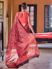 Ajrakh Elegance.Exclusive Hand Block Printed Chanderi Saree - Surkh Sitara