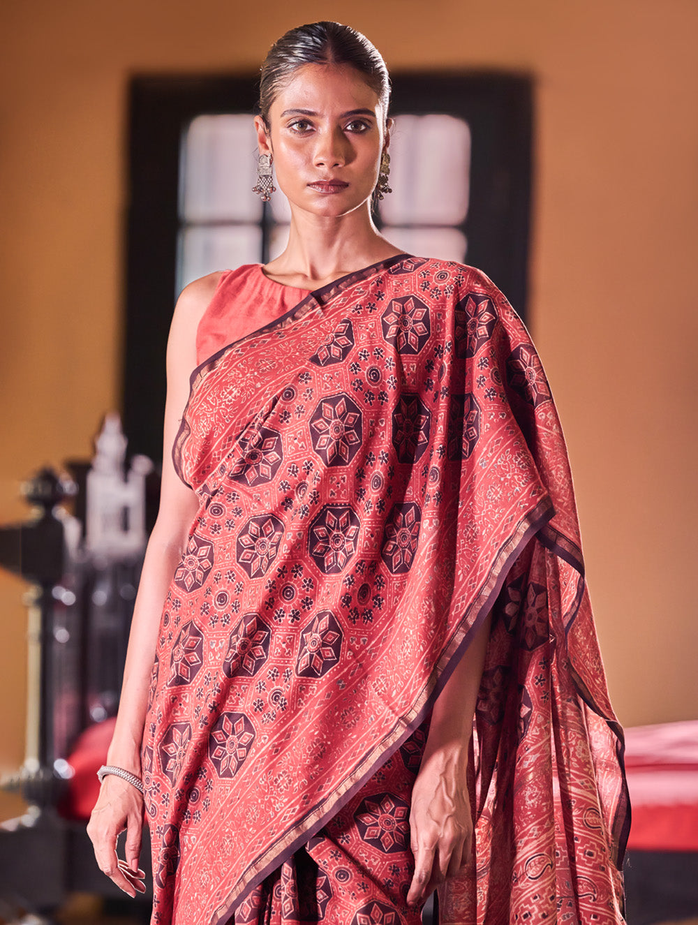 Ajrakh Elegance.Exclusive Hand Block Printed Chanderi Saree - Surkh Sitara