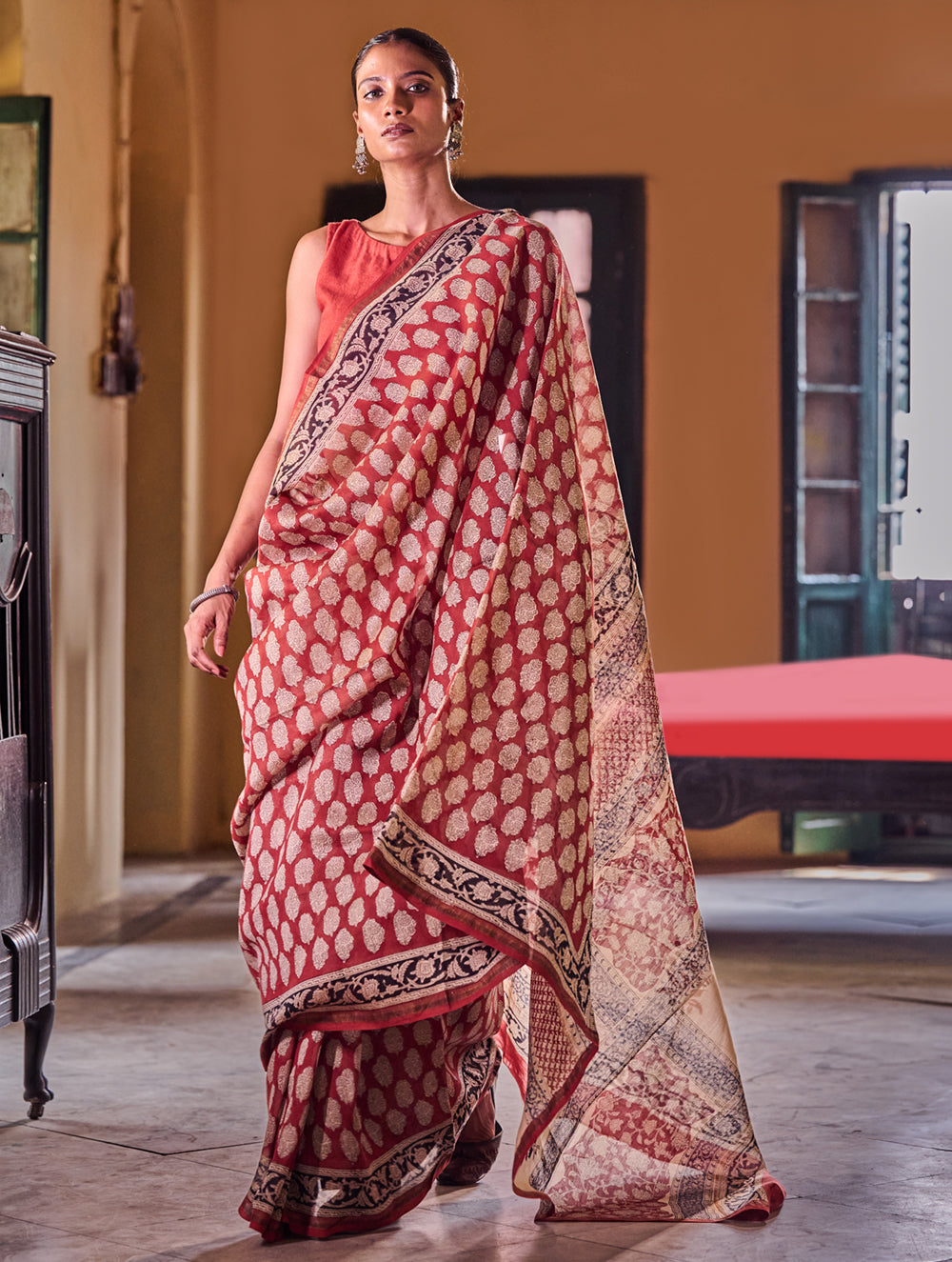 Bagru Statements : Hand Block Printed Chanderi Saree - Phool Mandi