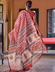 Bagru Statements : Hand Block Printed Chanderi Saree - Phool Mandi