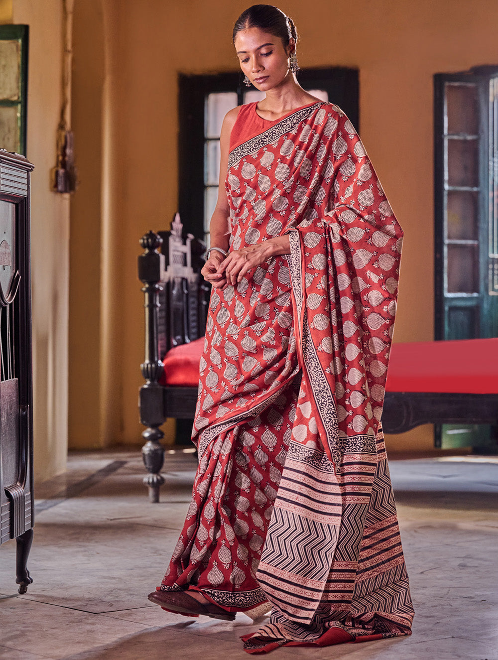 Bagru Statements: Hand Block Printed Mul Cotton Saree - Surkh Kairi