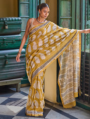 Bagru Statements: Hand Block Printed Modal Silk Saree - Mustard Paisley