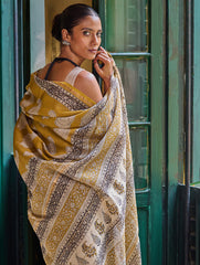 Bagru Statements: Hand Block Printed Modal Silk Saree - Mustard Paisley