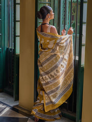 Bagru Statements: Hand Block Printed Modal Silk Saree - Mustard Paisley